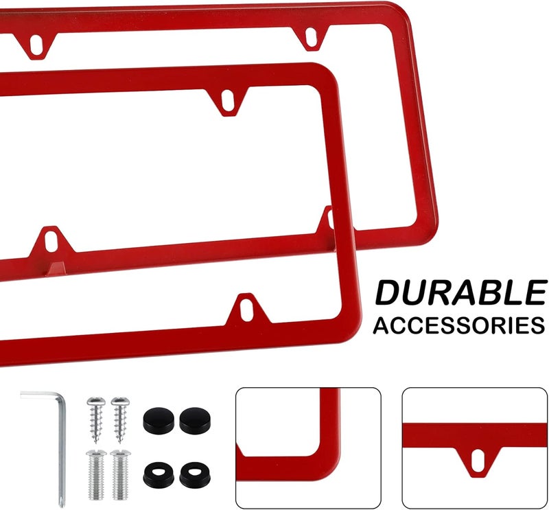alpmosn 2PCS Stainless Steel License Plate Frames, 4 Holes Car Licence Plate Covers with Screws Washers and Caps, Car Exterior Accessories, License Plate Holder for US Vehicles (Red) - Image 4